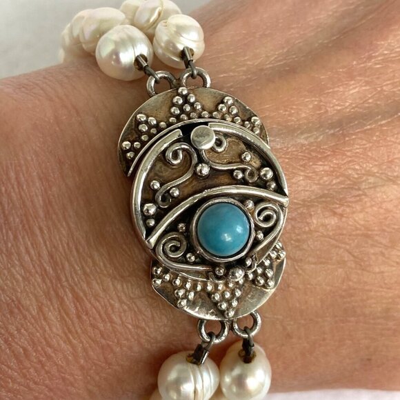 Sterling Silver 925 Two Strand Baroque Pearl Turquoise Bali Clasp Bracelet - Picture 12 of 16